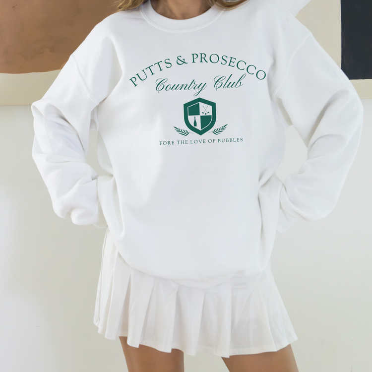 Putts and Prosecco lightweight Comfort Colors crewneck sweatshirt with vintage old-money style. Features 'Fore the Love of Bubbles' pun in an elegant design on soft cotton fabric.