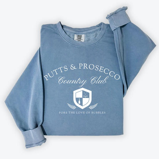 Putts and Prosecco lightweight Comfort Colors crewneck sweatshirt with vintage old-money style. Features 'Fore the Love of Bubbles' pun in an elegant design on soft cotton fabric.