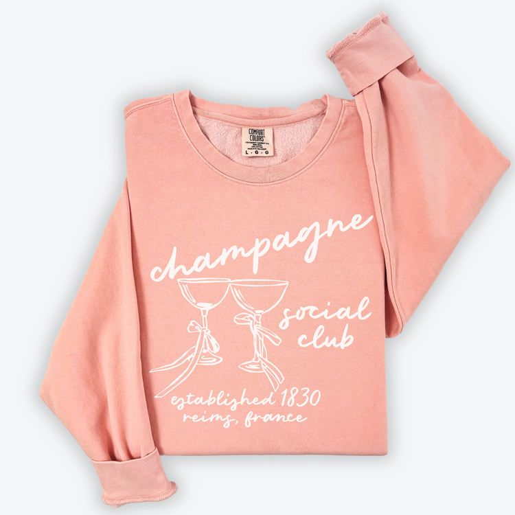 Champagne Social Club Comfort Colors lightweight crewneck sweatshirt with a boho-inspired design. Soft garment-dyed cotton, perfect for girls' nights, brunch outings, or casual celebrations.