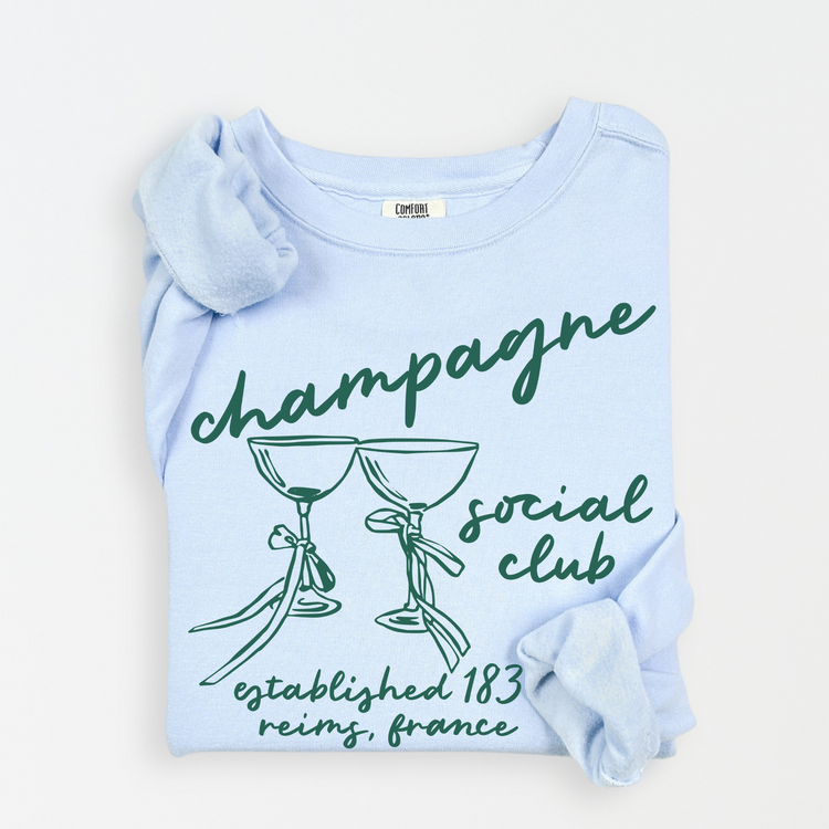 Champagne Social Club Comfort Colors lightweight crewneck sweatshirt with a boho-inspired design. Soft garment-dyed cotton, perfect for girls' nights, brunch outings, or casual celebrations.