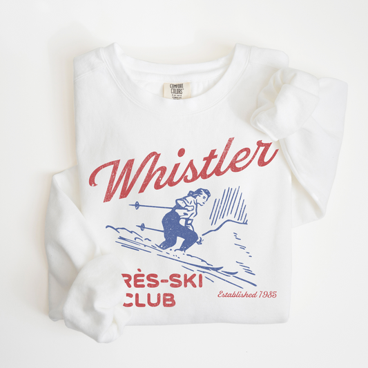 Lightweight Comfort Colors crewneck sweatshirt with "Whistler Après Ski Club" in a retro vintage style design, ideal for ski trips or cozy après-ski moments.