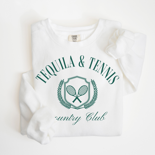 Lightweight Comfort Colors crewneck sweatshirt with "Tequila and Tennis" in a preppy retro vintage style print, perfect for casual or sporty looks.