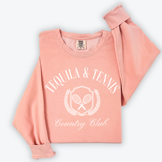 Lightweight Comfort Colors crewneck sweatshirt with "Tequila and Tennis" in a preppy retro vintage style print, perfect for casual or sporty looks.