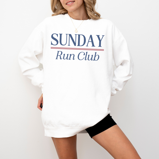 Sunday Run Club Comfort Colors lightweight crewneck sweatshirt with a vintage retro vibe, featuring bold red and blue print on soft cotton fabric, styled for casual or athletic wear.