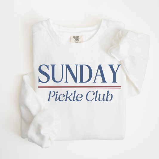 Sunday Pickle Club Comfort Colors lightweight crewneck sweatshirt with a vintage retro vibe, featuring bold red and blue print on soft cotton fabric, styled for casual or athletic wear.