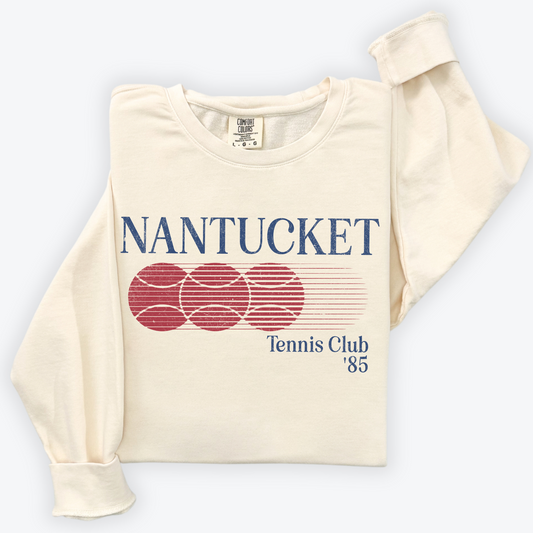 Nantucket Club Lightweight Cotton Crewneck Sweatshirt with 80s vintage retro design in sporty athletic style. Soft and durable Comfort Colors fabric.