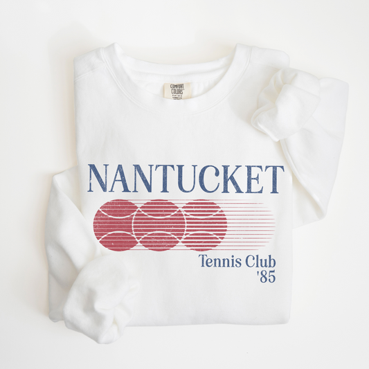 Nantucket Club Lightweight Cotton Crewneck Sweatshirt with 80s vintage retro design in sporty athletic style. Soft and durable Comfort Colors fabric.