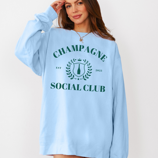 Champagne Social Club vintage retro preppy style Comfort Colors crewneck sweatshirt, midweight, perfect for New Year’s Eve or bachelorette parties.