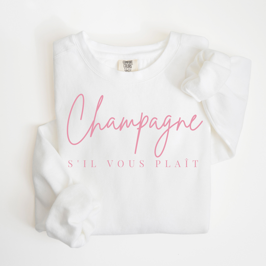 Lightweight cotton Comfort Colors crewneck sweatshirt with "Champagne, S'il Vous Plaît" text in minimalist French-inspired design. Perfect for casual outings or champagne lovers.