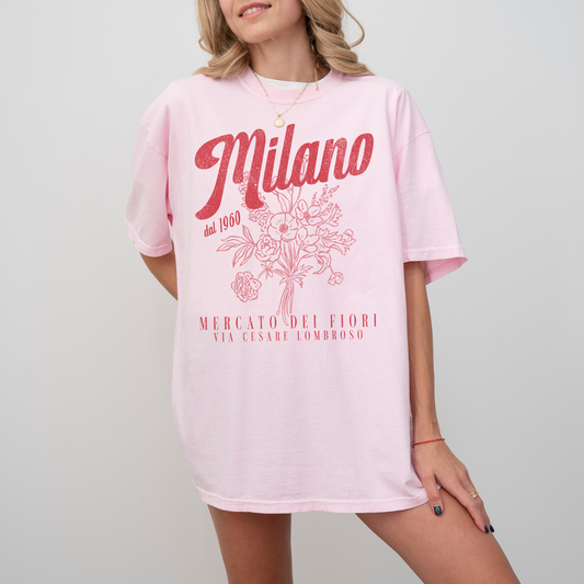 Comfort Colors short sleeve t-shirt with "Milano Mercato Dei Fiori" in a faded, vintage retro boho style, perfect for adding Italian market charm to any outfit.