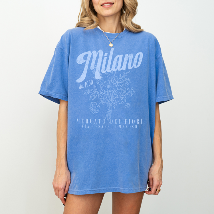 Comfort Colors short sleeve t-shirt with "Milano Mercato Dei Fiori" in a faded, vintage retro boho style, perfect for adding Italian market charm to any outfit.