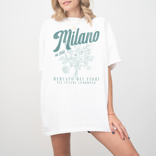 Comfort Colors short sleeve t-shirt with "Milano Mercato Dei Fiori" in a faded, vintage retro boho style, perfect for adding Italian market charm to any outfit.