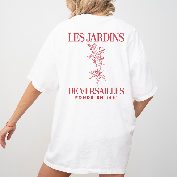 Les Jardins de Versailles Comfort Colors Short Sleeve T-Shirt with a vintage-inspired garden print on the back, soft cotton fabric in a relaxed fit.