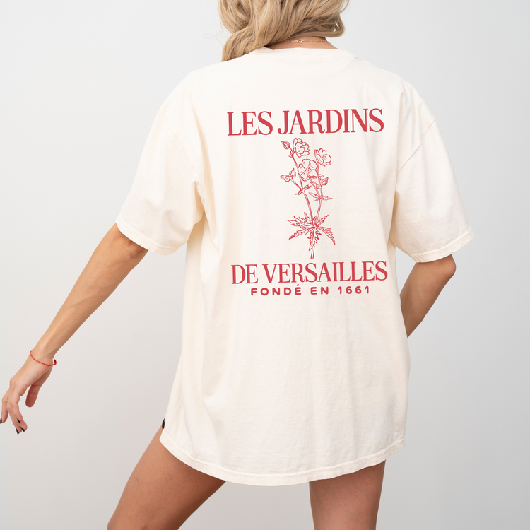 Les Jardins de Versailles Comfort Colors Short Sleeve T-Shirt with a vintage-inspired garden print on the back, soft cotton fabric in a relaxed fit.