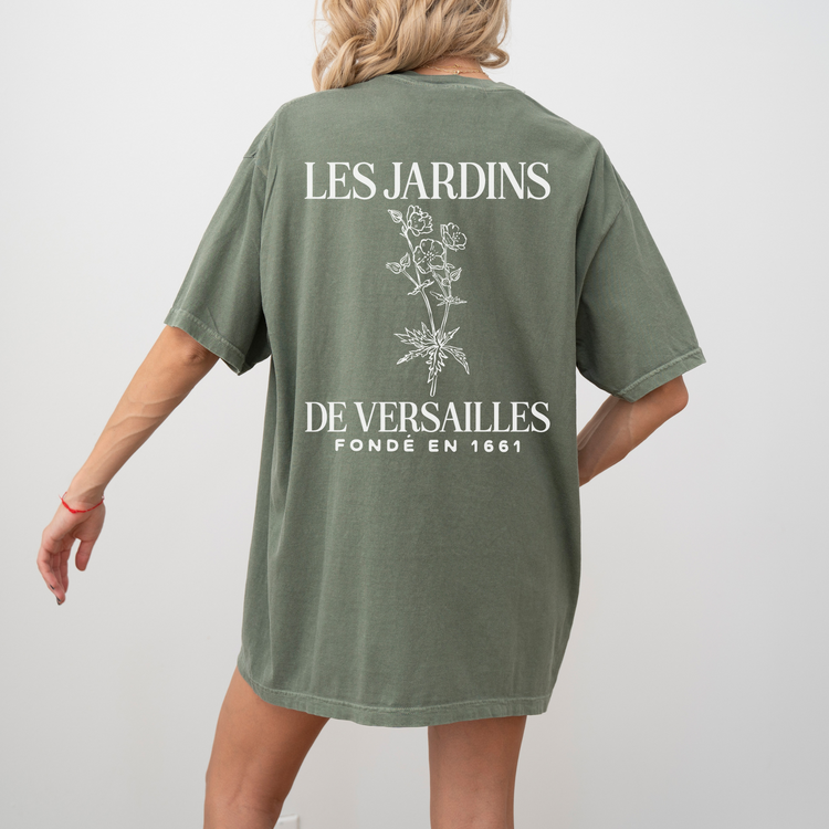 Les Jardins de Versailles Comfort Colors Short Sleeve T-Shirt with a vintage-inspired garden print on the back, soft cotton fabric in a relaxed fit.