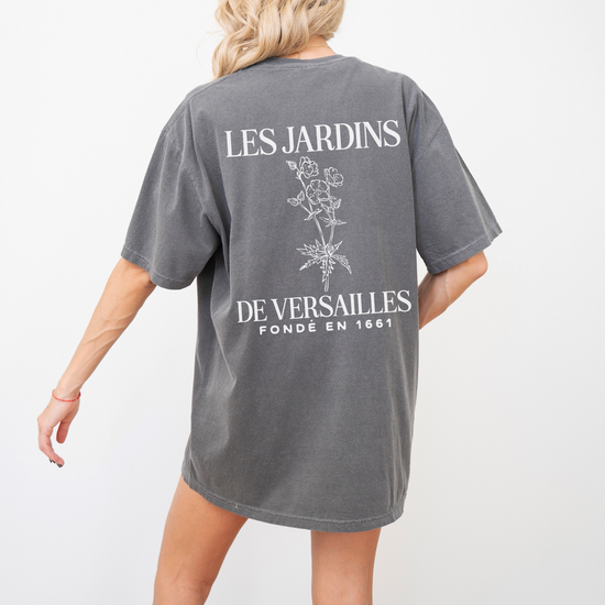 Les Jardins de Versailles Comfort Colors Short Sleeve T-Shirt with a vintage-inspired garden print on the back, soft cotton fabric in a relaxed fit.