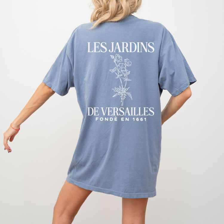 Les Jardins de Versailles Comfort Colors Short Sleeve T-Shirt with a vintage-inspired garden print on the back, soft cotton fabric in a relaxed fit.