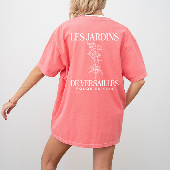 Les Jardins de Versailles Comfort Colors Short Sleeve T-Shirt with a vintage-inspired garden print on the back, soft cotton fabric in a relaxed fit.