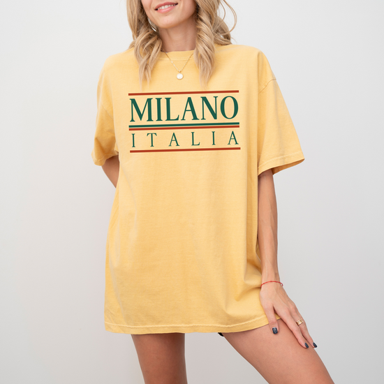 Comfort Colors unisex short sleeve tee with "Milano, Italia" in a vintage classic font for a timeless Italian-inspired look