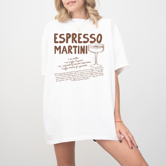 Unisex Comfort Colors short sleeve T-shirt with retro boho-style Espresso Martini print. Features the Espresso Martini recipe in faded vintage-inspired text: vodka, espresso, coffee liqueur, simple syrup (optional). Soft, cozy cotton fabric, perfect for cocktail and coffee lovers.