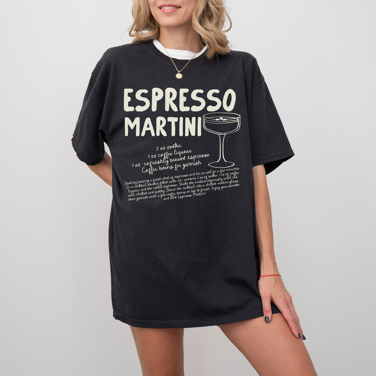 Unisex Comfort Colors short sleeve T-shirt with retro boho-style Espresso Martini print. Features the Espresso Martini recipe in faded vintage-inspired text: vodka, espresso, coffee liqueur, simple syrup (optional). Soft, cozy cotton fabric, perfect for cocktail and coffee lovers.