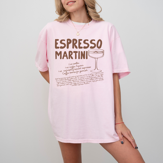 Unisex Comfort Colors short sleeve T-shirt with retro boho-style Espresso Martini print. Features the Espresso Martini recipe in faded vintage-inspired text: vodka, espresso, coffee liqueur, simple syrup (optional). Soft, cozy cotton fabric, perfect for cocktail and coffee lovers.