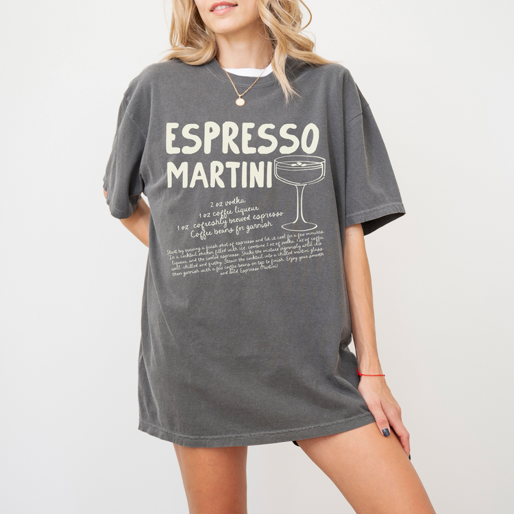 Unisex Comfort Colors short sleeve T-shirt with retro boho-style Espresso Martini print. Features the Espresso Martini recipe in faded vintage-inspired text: vodka, espresso, coffee liqueur, simple syrup (optional). Soft, cozy cotton fabric, perfect for cocktail and coffee lovers.