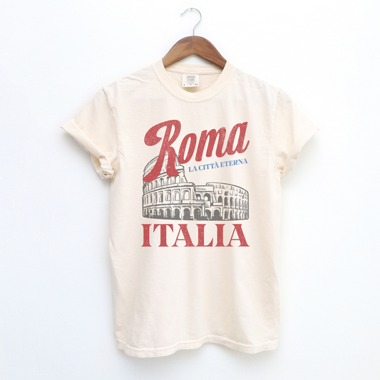 Comfort Colors graphic t-shirt with vintage "Roma, Italia" design featuring a retro Colosseum illustration, perfect for a classic Rome-inspired look.