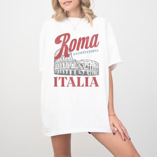 Comfort Colors graphic t-shirt with vintage "Roma, Italia" design featuring a retro Colosseum illustration, perfect for a classic Rome-inspired look.