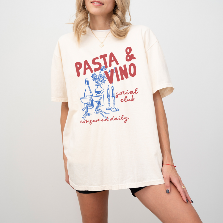 Comfort Colors short sleeve unisex tee with "Pasta and Vino Social Club" in boho vintage style, perfect for lovers of Italian culture and casual gatherings.