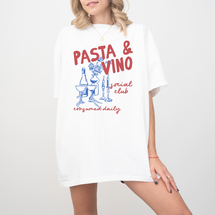 Comfort Colors short sleeve unisex tee with "Pasta and Vino Social Club" in boho vintage style, perfect for lovers of Italian culture and casual gatherings.