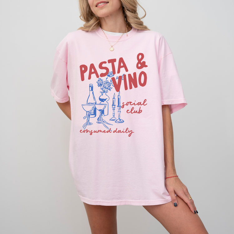 Comfort Colors short sleeve unisex tee with "Pasta and Vino Social Club" in boho vintage style, perfect for lovers of Italian culture and casual gatherings.