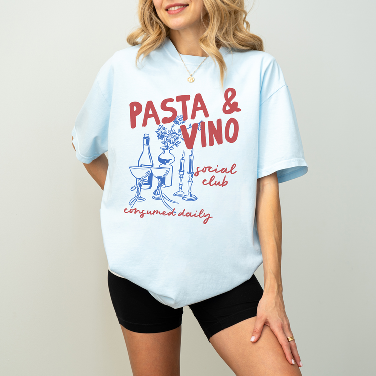 Comfort Colors short sleeve unisex tee with "Pasta and Vino Social Club" in boho vintage style, perfect for lovers of Italian culture and casual gatherings.