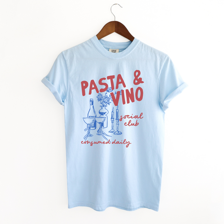 Comfort Colors short sleeve unisex tee with "Pasta and Vino Social Club" in boho vintage style, perfect for lovers of Italian culture and casual gatherings.