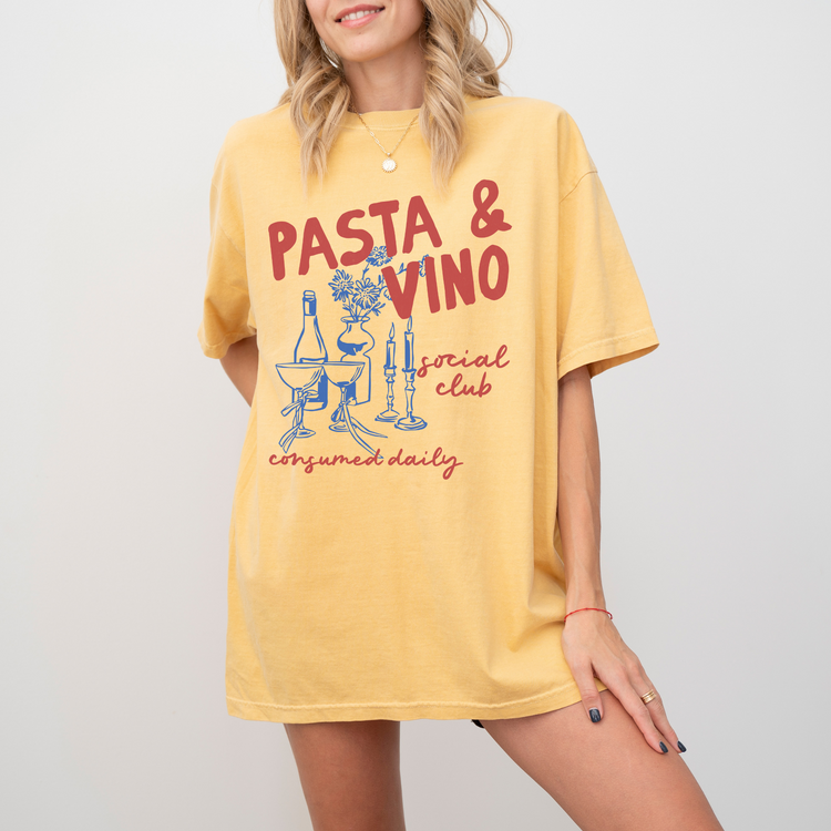 Comfort Colors short sleeve unisex tee with "Pasta and Vino Social Club" in boho vintage style, perfect for lovers of Italian culture and casual gatherings.