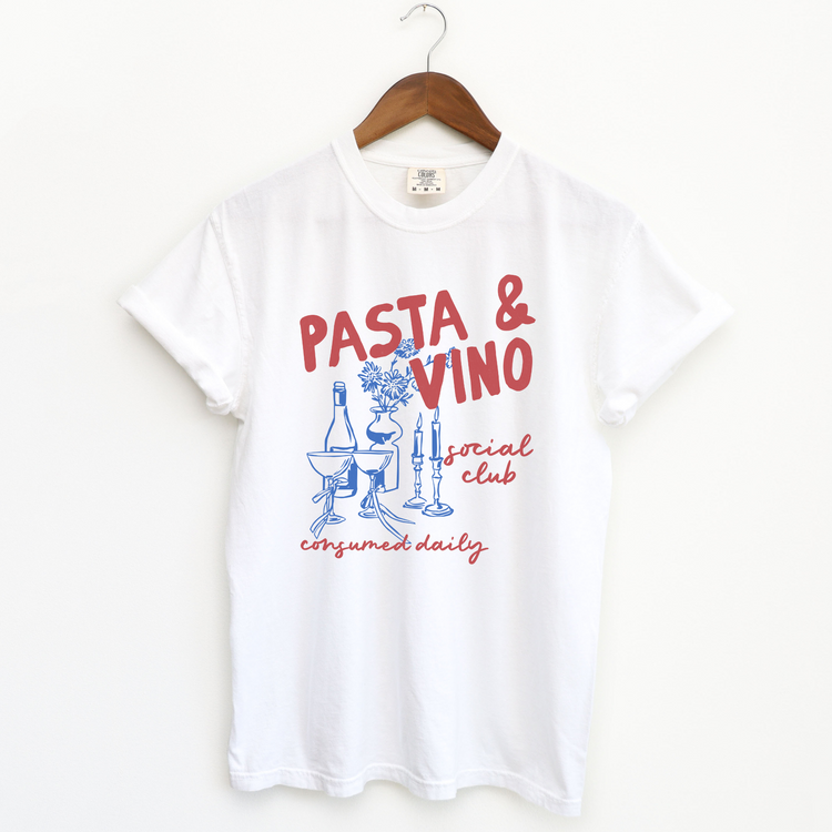 Comfort Colors short sleeve unisex tee with "Pasta and Vino Social Club" in boho vintage style, perfect for lovers of Italian culture and casual gatherings.