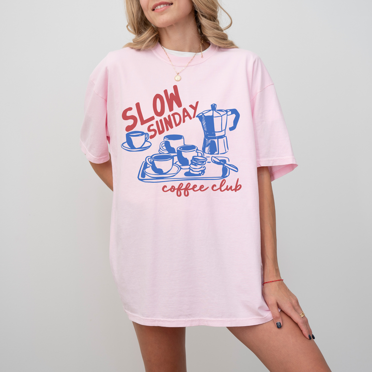 Comfort Colors short sleeve t-shirt with "Slow Sunday Coffee Club" in a faded, vintage boho style, featuring a traditional Italian moka pot for a cozy coffee lover’s look.