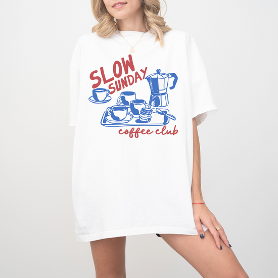 Comfort Colors short sleeve t-shirt with "Slow Sunday Coffee Club" in a faded, vintage boho style, featuring a traditional Italian moka pot for a cozy coffee lover’s look.