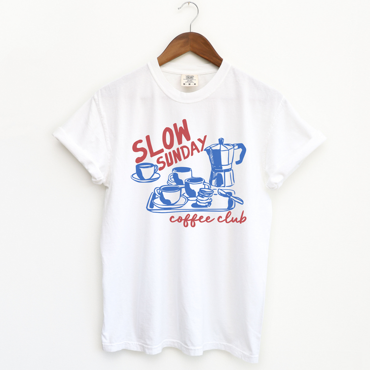 Comfort Colors short sleeve t-shirt with "Slow Sunday Coffee Club" in a faded, vintage boho style, featuring a traditional Italian moka pot for a cozy coffee lover’s look.