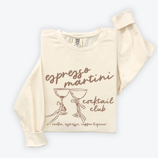 Lightweight cotton crewneck sweatshirt with "Espresso Martini Cocktail Club" design in a chic, minimalist style.