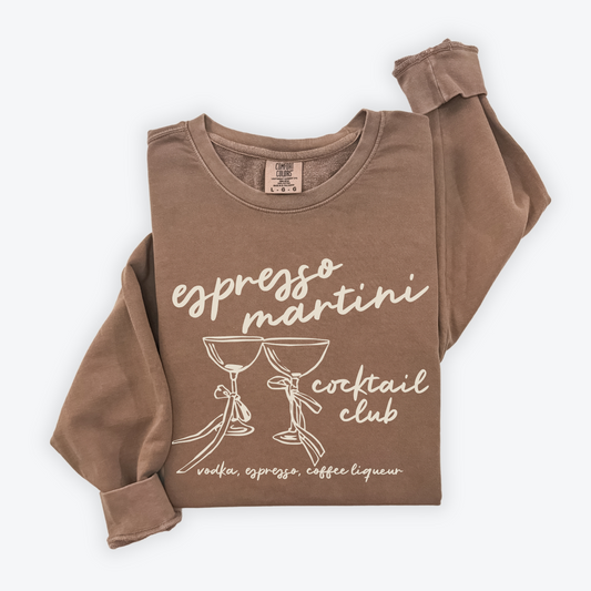 Lightweight cotton crewneck sweatshirt with "Espresso Martini Cocktail Club" design in a chic, minimalist style.