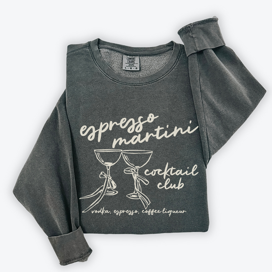 Lightweight cotton crewneck sweatshirt with "Espresso Martini Cocktail Club" design in a chic, minimalist style.