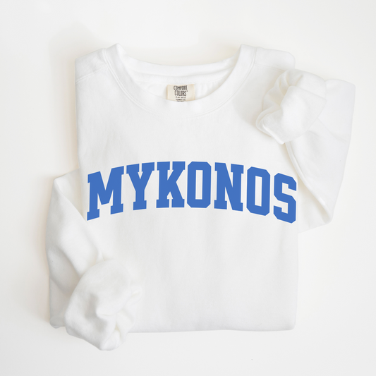 Lightweight cotton crewneck sweatshirt with "Mykonos" in a classic university font, perfect for travel days or casual wear, inspired by the relaxed vibe of the Greek islands.