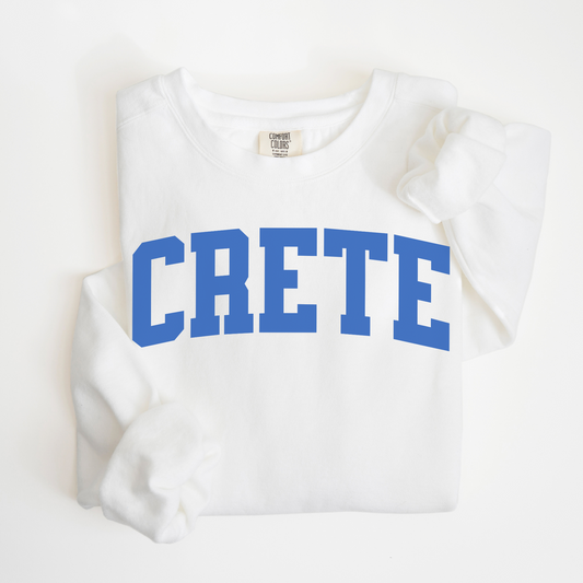 Lightweight cotton crewneck sweatshirt with "Crete" in a classic university font, perfect for travel days or casual outings, inspired by the relaxed vibe of the Greek islands.