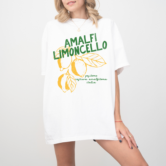 Comfort Colors short sleeve t-shirt with "Amalfi Limoncello" in vintage retro boho style, featuring faded lemon graphics for a grunge-inspired, Italian summer look.