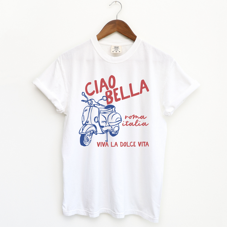 Comfort Colors short sleeve t-shirt with "Ciao Bella" and a Vespa graphic, featuring "Roma, Italia" in a vintage Italian style, perfect for casual wear and travel-inspired looks.