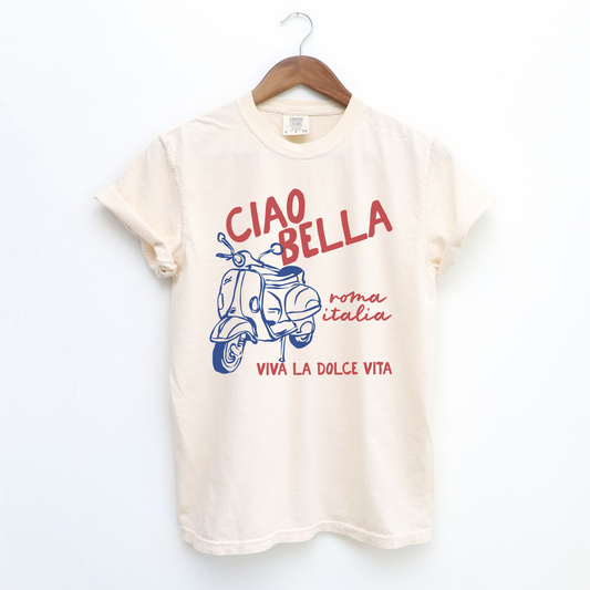 Comfort Colors short sleeve t-shirt with "Ciao Bella" and a Vespa graphic, featuring "Roma, Italia" in a vintage Italian style, perfect for casual wear and travel-inspired looks.