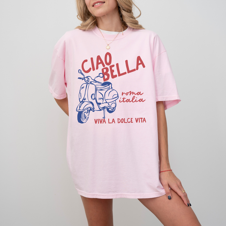 Comfort Colors short sleeve t-shirt with "Ciao Bella" and a Vespa graphic, featuring "Roma, Italia" in a vintage Italian style, perfect for casual wear and travel-inspired looks.