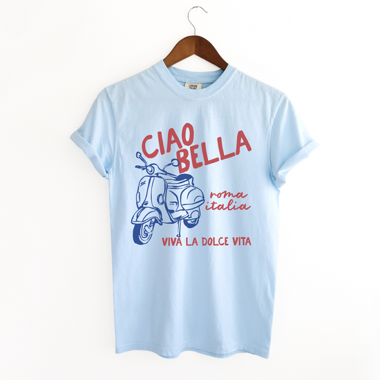 Comfort Colors short sleeve t-shirt with "Ciao Bella" and a Vespa graphic, featuring "Roma, Italia" in a vintage Italian style, perfect for casual wear and travel-inspired looks.