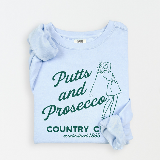 Putts and Prosecco Comfort Colors Lightweight Cotton Golf Sweatshirt with vintage vibes, perfect for birthday or bachelorette party